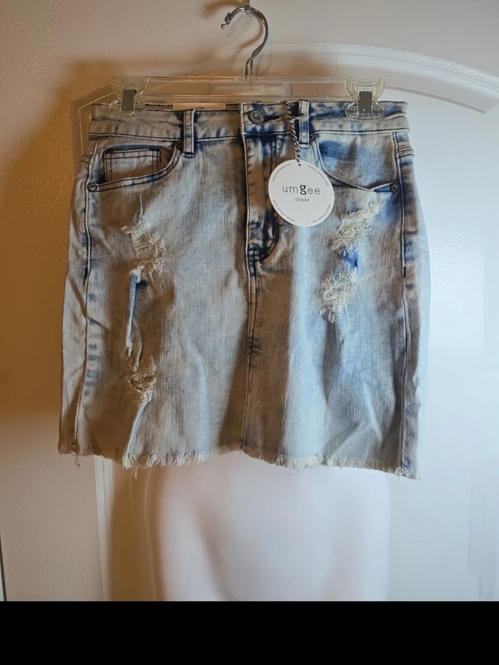 Umgee Light Blue Distressed Denim Mini Skirt with Frayed Hem